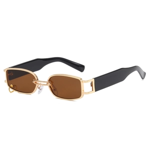 Retro square sunglasses with gold metal frame, dark lenses and unique ring pendant