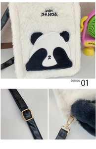 Detail of adjustable black leather strap and golden lobster clasp on the panda plush bag