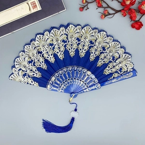 Handheld Folding Fan Plastic Lace Fabric Gold Stamping Vintage Chinese Style For Dance Wedding Party Decoration Elegant