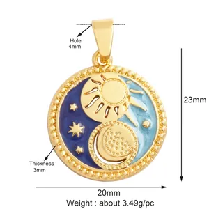 Pendentif céleste émaillé de 20mm soleil lune et étoiles avec monture en alliage doré