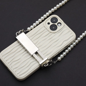 Silver metal clip with white pearl chain strap on wave texture iPhone case accessory