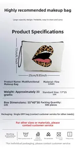 Detailed size specifications of linen leopard lips makeup bag measuring 25x17cm with zipper