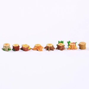 Set of 8 miniature resin tree stump figurines with moss and mushrooms for micro landscape
