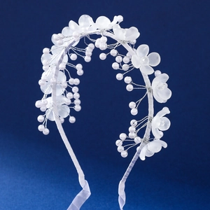 Flower Girl Wedding Headband White Acrylic Flower Imitation Artificial Pearl Manual Weaving Fairy Style Hair Accessory With Ribbon