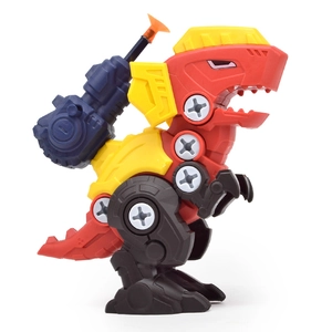 DIY take apart red T-Rex robot toy with launcher and screws for educational assembly play