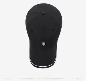 Top view of black quick-dry baseball cap with R logo and white brim stripes