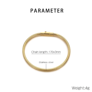 Detail view of 18K gold plated stainless steel snake chain bracelet with size measurements