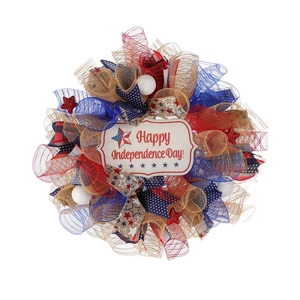Patriotic Independence Day wreath with red, white, blue deco mesh and festive stars