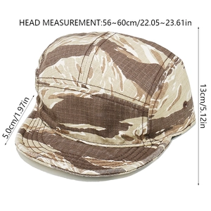 Détails d'une casquette 5-panel motif camouflage tigre avec mesures 56-60 cm