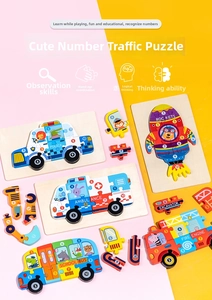 Macro detail of wooden 3D transportation puzzles with numbers for early learning
