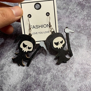 Gothic Halloween grim reaper earrings with black wood scythe design on silver hooks