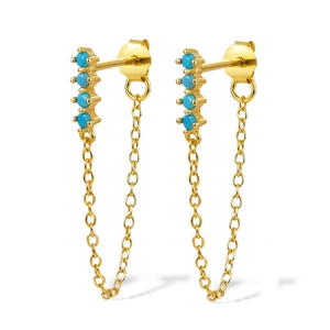 Elegant 18K gold S925 silver earrings with turquoise stones and long chain tassels