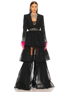Women Mesh Tiered Dress And Beaded Blazer Elegant Boning Bustier Evening Party Outfit Clubwear