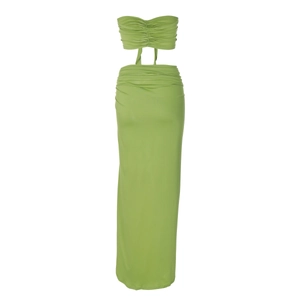 Detail of ruched texture and slit design on this bright green two-piece tube top set