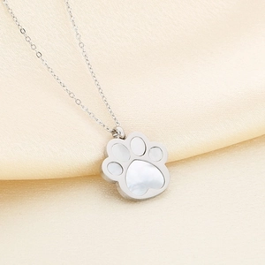 Cute stainless steel cat paw pendant necklace with white pearlescent inlay on silk