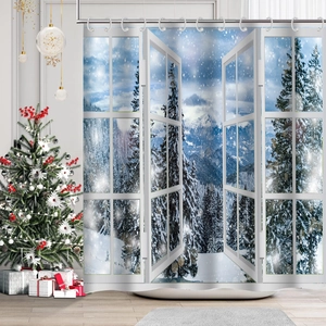 Christmas shower curtain with 3D winter snowy window landscape and festive tree scene
