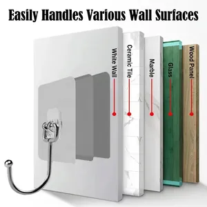 Large heavy-duty adhesive wall hooks shown on tile, marble, glass, and wood surfaces