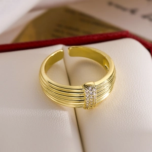 18K gold plated multi-layer striped geometric open ring with sparkling zircons