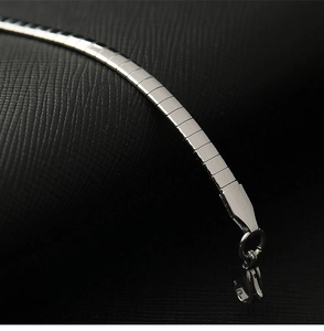 Detailed close-up of polished silver flat-link chain with high-quality metal clasp