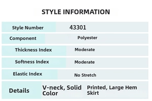 Detailed chart showing 100% polyester fabric info and V-neck floral print dress specs