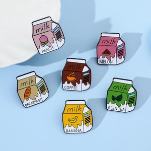 Detailed set of six creative metal milk carton enamel pins with fruit and coffee designs