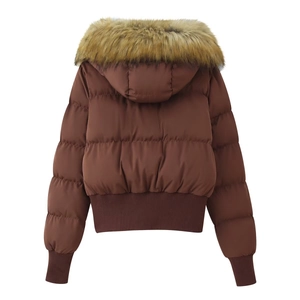 Rear view of brown puffer jacket with faux fur hood and ribbed cuffs on white backdrop