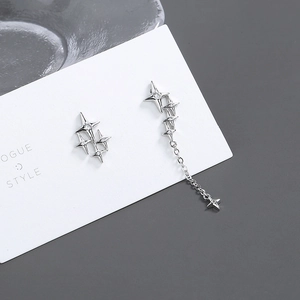 Asymmetric silver star earrings with zircons and long fringe chain for women