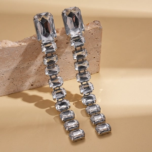 Luxurious silver long tassel earrings with clear rectangular acrylic crystals on stone