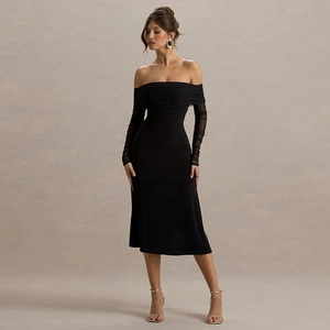 Elegant off-the-shoulder black long sleeve dress with sheer mesh patchwork sleeves