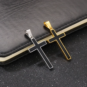 Minimalist stainless steel cross pendants in gold and silver finish with black enamel inlay