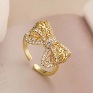 Hollow butterfly 18K gold plated open ring for women with sparkling cubic zirconia