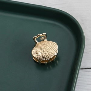 Detailed macro shot of golden shell-shaped mini hair claw clip with star engraving