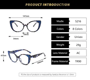 Detailed size chart for retro cat eye TR90 anti-blue light glasses with precise measurements