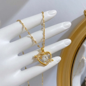 Titanium steel arrow through heart necklace with sparkling zircon stone on thin gold chain