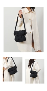 Detail shots of black pleated cloud bucket bag shown as shoulder and handbag options