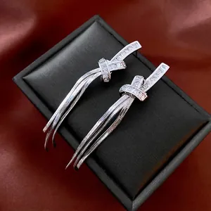 Knot Tassel Dangle Earrings Zircon Copper Jewelry With Silver Earring Post Luxury Fashion Chic Style For Women