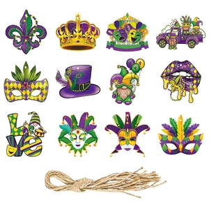 Set of 12 colorful Mardi Gras ornaments with gnome, mask, and crown designs on white background