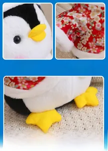 Detailed views of penguin plush toy showing soft fabric and red floral pattern outfit