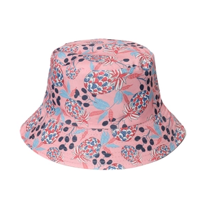 Detail of pink cotton bucket hat featuring colorful pineapple and berry print patterns