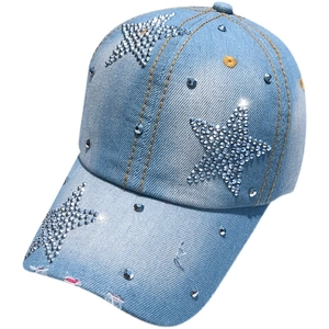 Light blue denim baseball cap with rhinestone stars and distressed brim for women