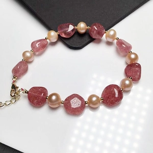 Natural Pigeon Blood Red Strawberry Quartz Freshwater Pearl Bracelet For Women 14K Gold Plated Hand Beaded Jewelry Gift