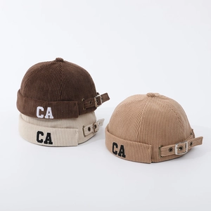Three colors of corduroy baby docker caps with CA embroidery and adjustable metal buckles