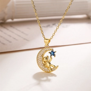 Golden crescent moon necklace with cute teddy bear, blue star and white zircon stones