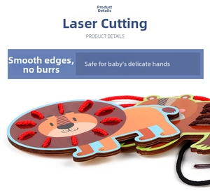 Close-up of wooden lion threading toy showing smooth laser-cut edges and red string detail
