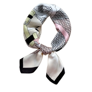 Elegant 70cm silk scarf for women featuring geometric zigzag patterns and pink accents