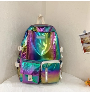 Detail of holographic laser backpack featuring dual front pockets and metallic finish