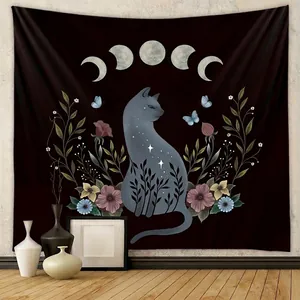 Black Cat Tapestry Polyester Moon Phase Witchy Gothic Wall Hanging For Bedroom Living Room Dorm Aesthetic Room Decor