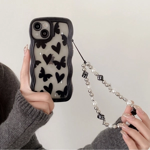 Black wave edge phone case with butterfly heart pattern and white pearl charm strap