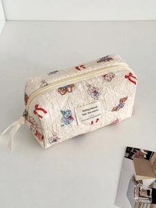 Cute cartoon animal print beige quilted cosmetic bag with large capacity and top zipper