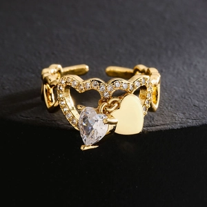 18K gold plated heart ring with sparkling zirconia stones and polished heart charms